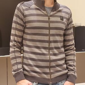 G-Star brand Stylish Mens Zipper Cardigan Sweater, Gray, Dark Gray Stripes L